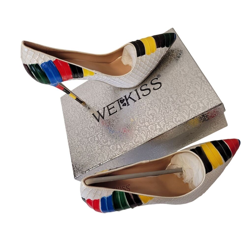 WETKISS Multicolor Stripe Pointed Toe High Heels - White